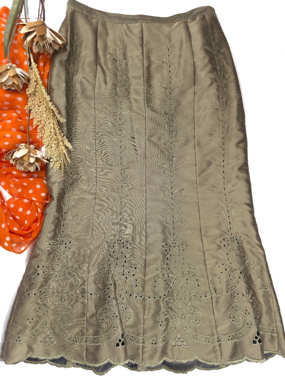 Donna Vinci Olive Green Embroidered Formal Women's Skirt Sz 12